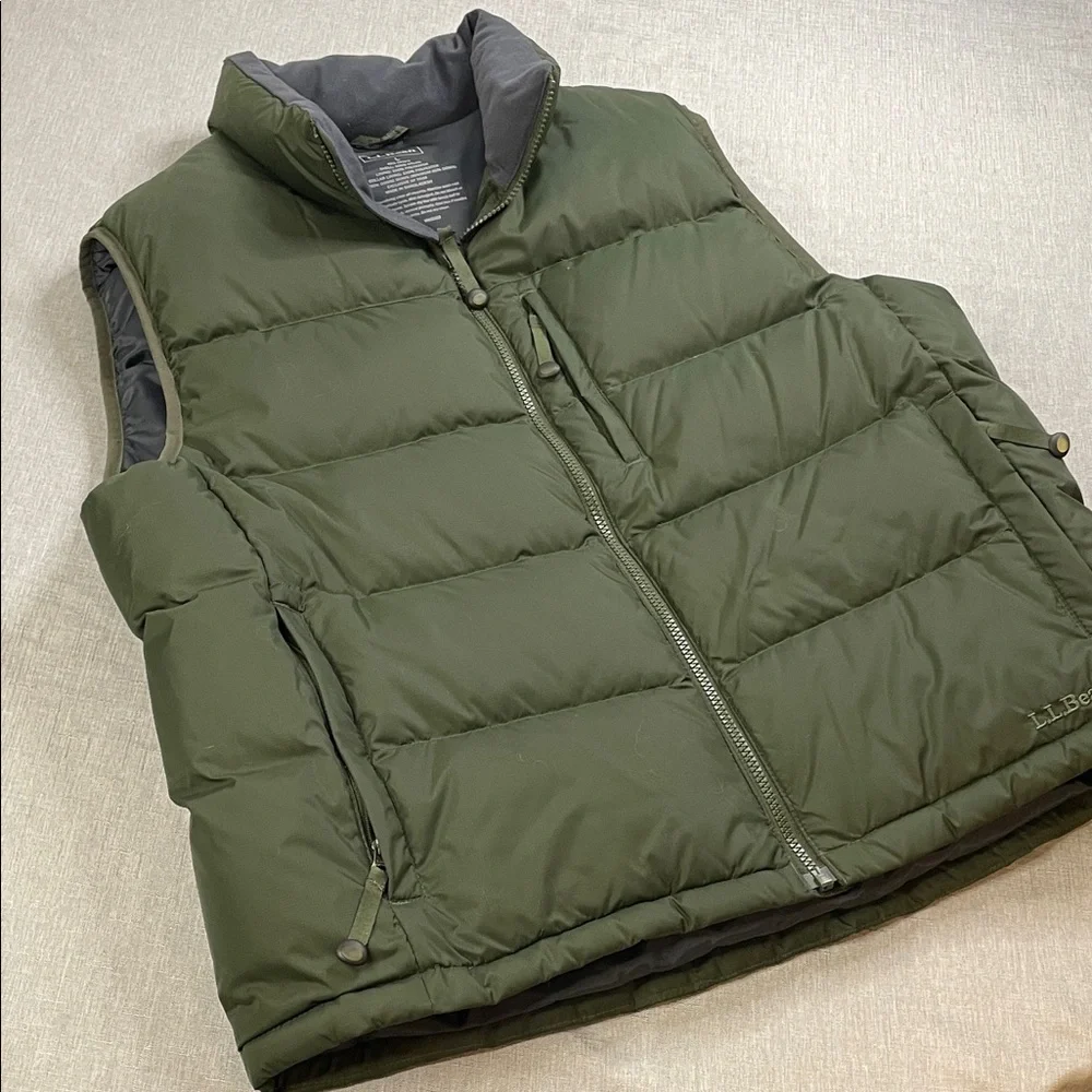 L.L. Bean Men's Goose Down Vest Large Olive Army Green Rugged Puffer Warm